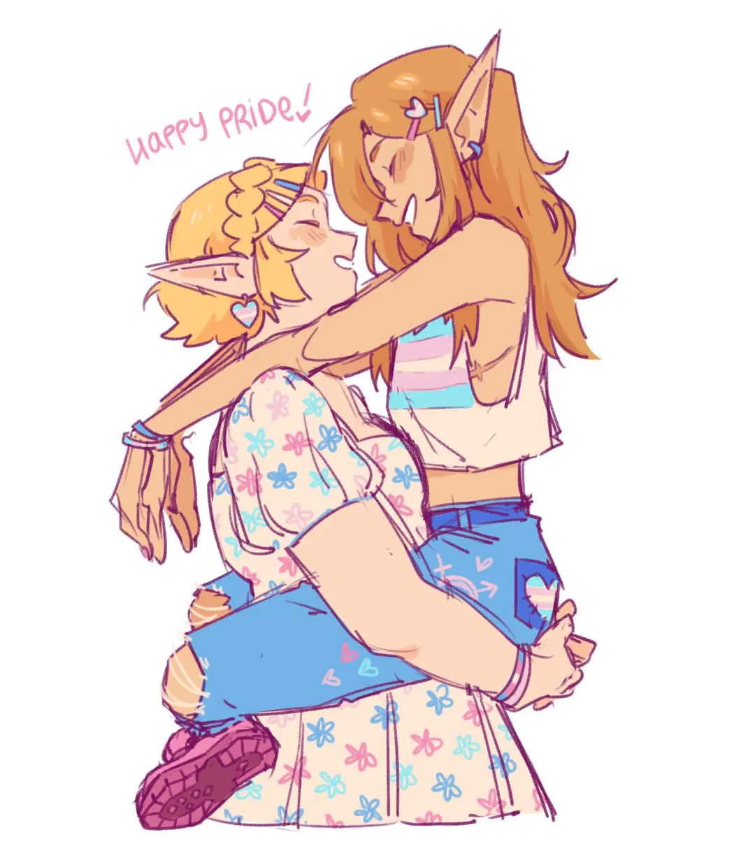 Text: trans pride
Zelda is holding trans masc (seems to have top surgery scars) link up, as link wraps their legs around zelda and rests their arms on zelda shoulder. They share joy and laughter.
Link has long hair a trans midriff singlet, knee-hole jeans with a trans heart patch and pink shoes.
Zelda is wearing a white dress with a square neckline and vaguely trans coloured stars patterned across Text: trans pride
Zelda is holding trans masc (seems to have top surgery scars) link up, as link wraps their legs around zelda and rests their arms on zelda shoulder. They share joy and laughter.
Link has long hair a trans midriff singlet, knee-hole jeans with a trans heart patch and pink shoes.
Zelda is wearing a white dress with a square neckline and vaguely trans coloured stars patterned across